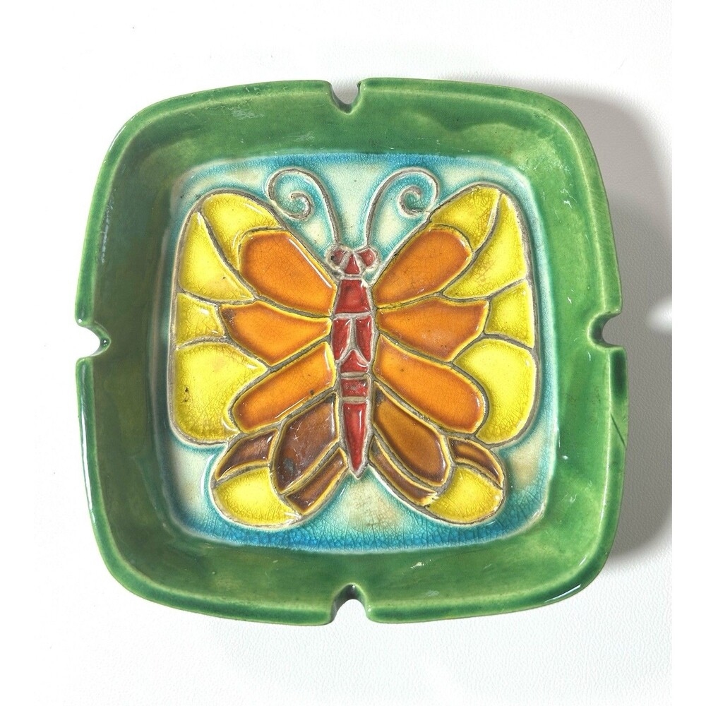 1970s Butterfly Ashtray MCM Vtg Green Ceramic Stoneware Ash Tray Japan Napcoware